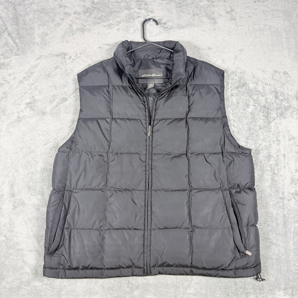Eddie Bauer Mens L Black Goose Down Puffer Vest Full Zip Quilted Stand Collar